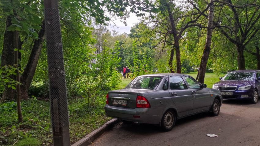 Припаркованные автомобили на фоне зелёной территории с группой людей