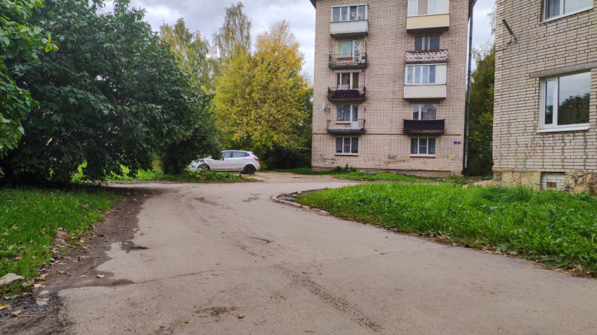 Дворовая дорога с жилыми домами и зелёными насаждениями