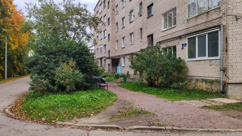 Вход в многоквартирный дом с зелёной зоной и кустарниками