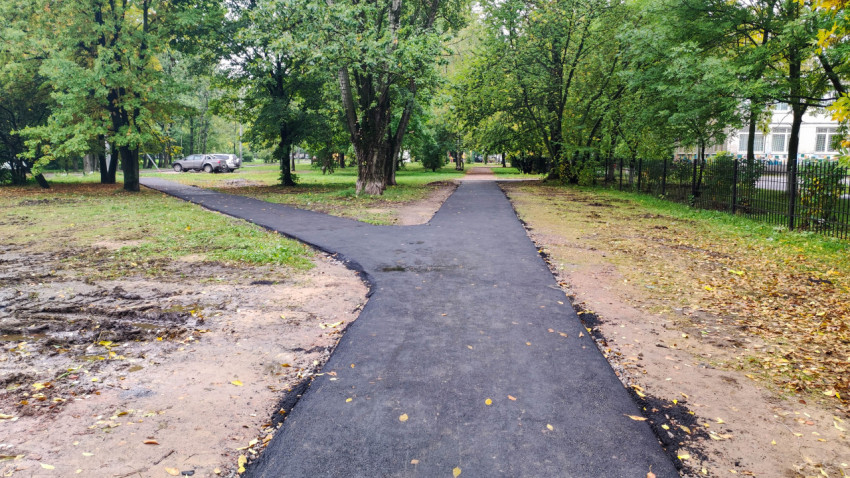 Развилка асфальтированных дорожек в парковой зоне