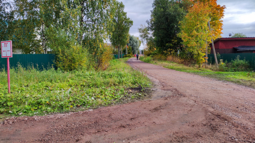 Грунтовая дорога с указателем и зелёными насаждениями в поселке