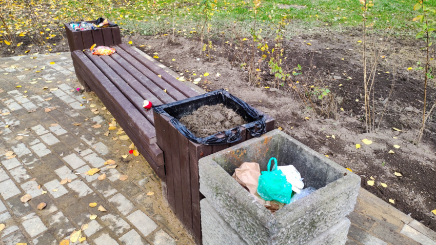 Скамейка и переполненные урны в общественной зоне отдыха
