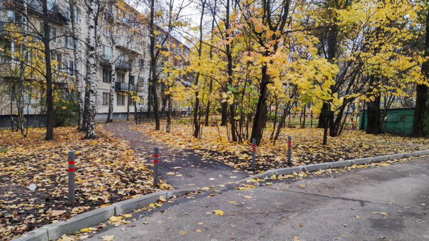 Пешеходная дорожка во дворе с ограничительными столбиками и осенней листвой