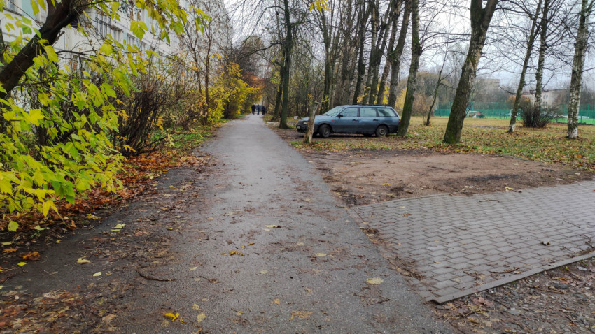 Пешеходная дорожка в жилом районе с осенним пейзажем