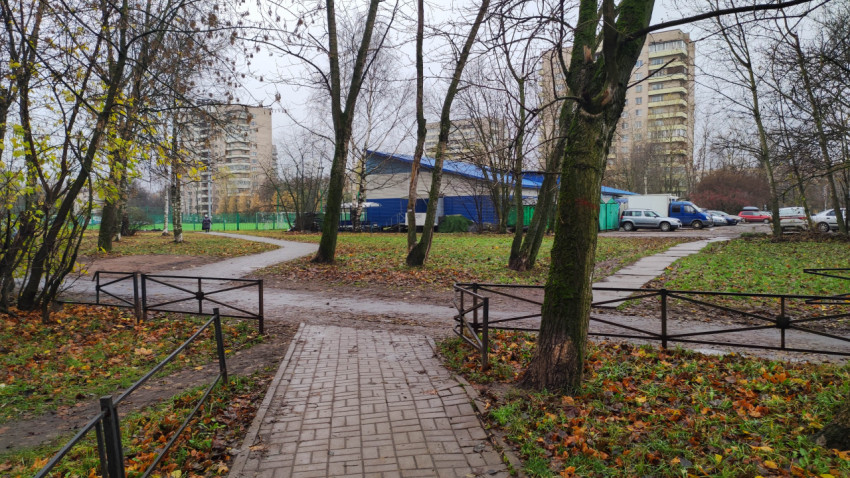 Пешеходные дорожки с металлическими ограждениями в городской зелёной зоне