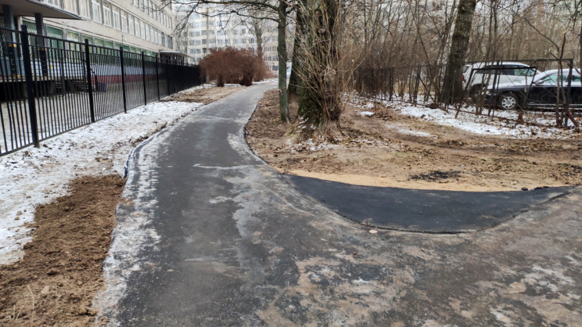 Заснеженная асфальтовая дорожка у школьного двора