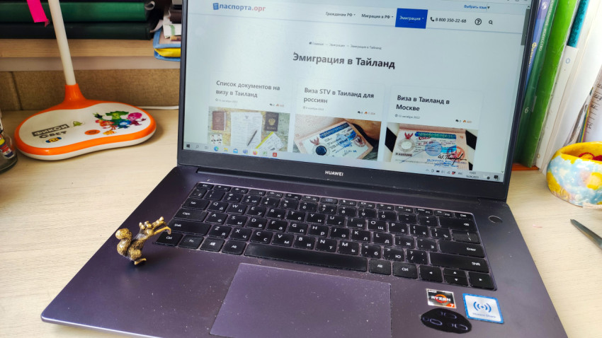 Фигурка белки на ноутбуке рядом с сайтом о визах в Таиланд