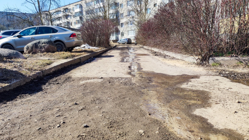 Бетонная дорожка с лужами между кустами и припаркованными автомобилями