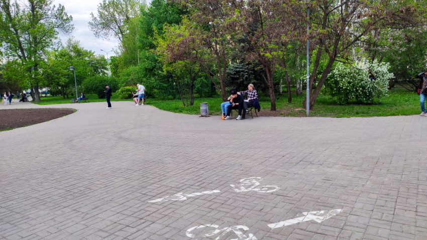 Весенняя аллея в парке с отдыхающими людьми