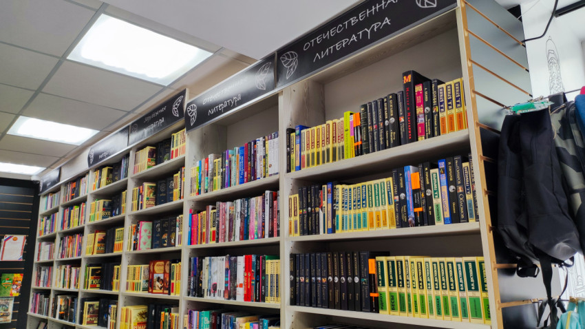 Стеллаж с книгами в разделе отечественной литературы