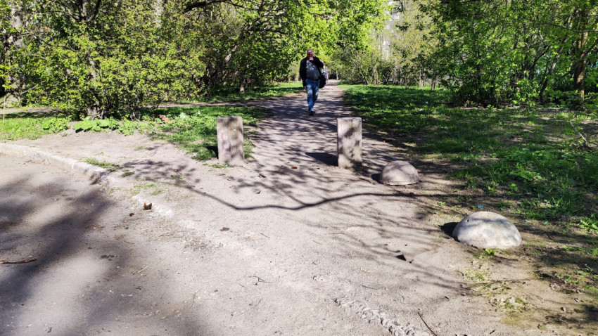 Пешеходная тропа с бетонными ограничителями в зелёной зоне