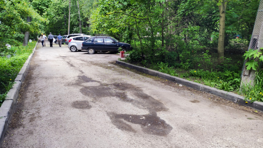 Уличная парковка в зелёном дворе с пешеходами
