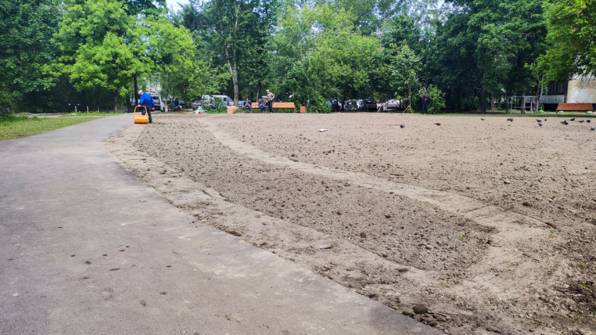 Рабочий уплотняет почву катком при благоустройстве двора