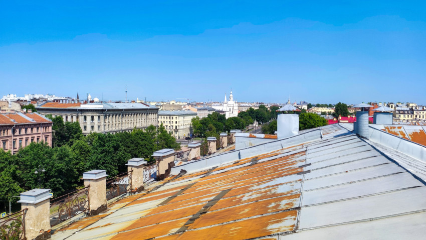 Вид на крыши Санкт-Петербурга и белую колокольню на горизонте