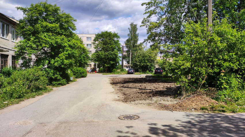 Асфальтированный двор жилого квартала с деревьями и припаркованными машинами