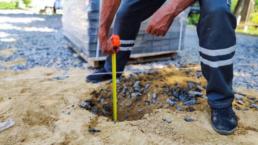 Рабочий измеряет глубину ямы рулеткой