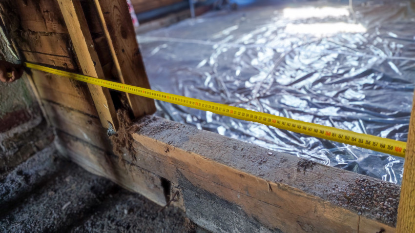 Измерение ширины проема в деревянном доме с помощью рулетки