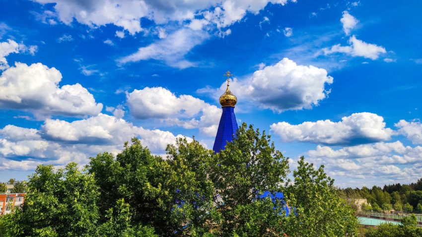 Золотой купол церкви за деревьями