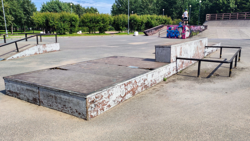 Скейтпарк с элементами для трюков и перилами