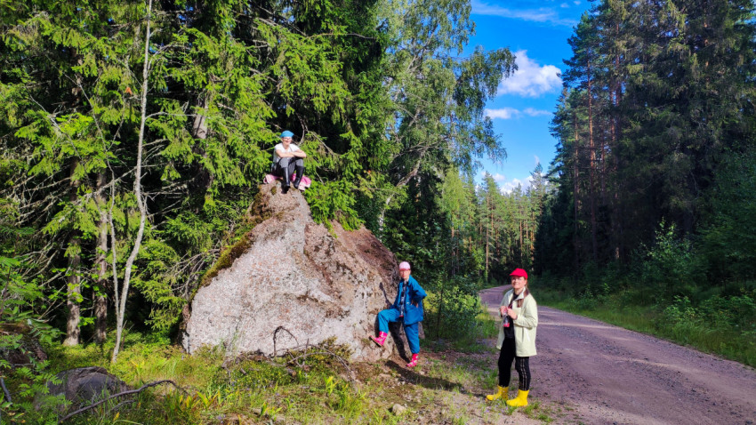 Группа людей у валуна на лесной дороге
