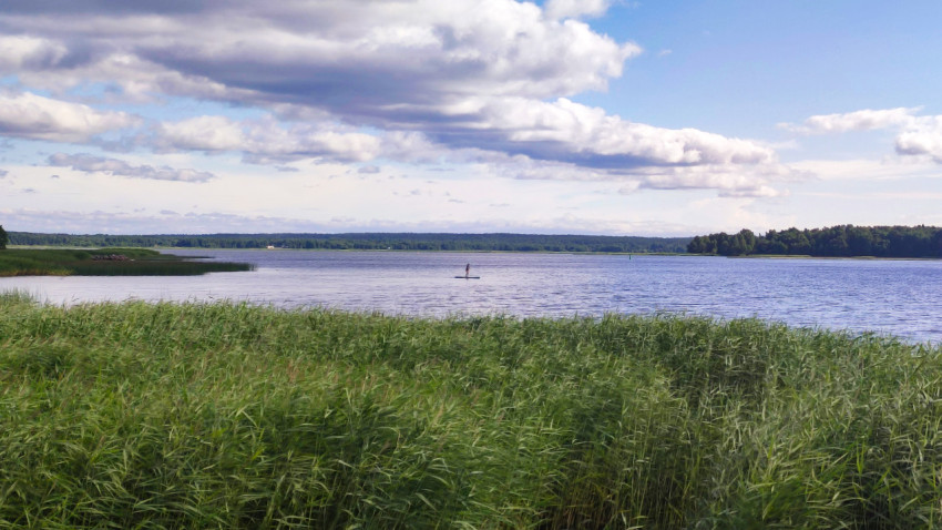 Водный пейзаж с сапбордистом на горизонте
