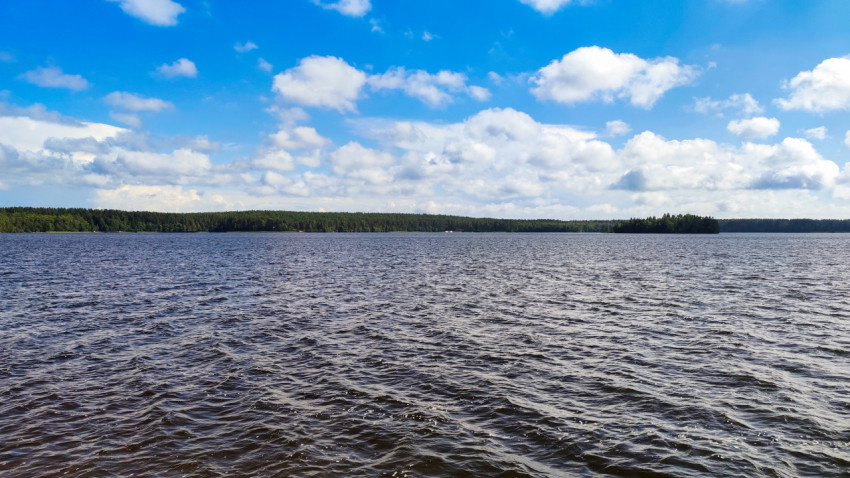 Озеро с лесистым берегом под облачным небом