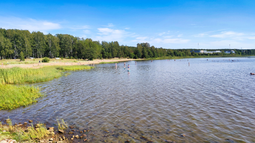 Люди на пляже и в воде у озера