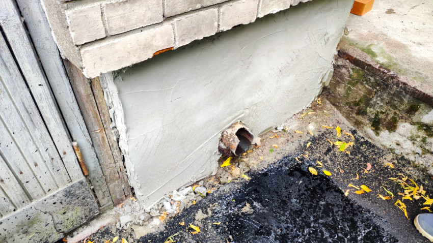 Водоотводная труба у стены жилого дома после ремонта