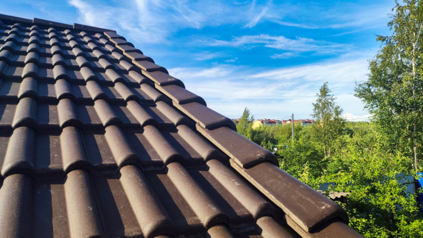 Черепичная крыша частного дома и зелёные деревья на заднем плане