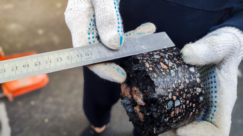 Измерение толщины асфальта с помощью линейки