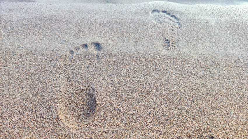 Следы босых ног на песке у кромки воды