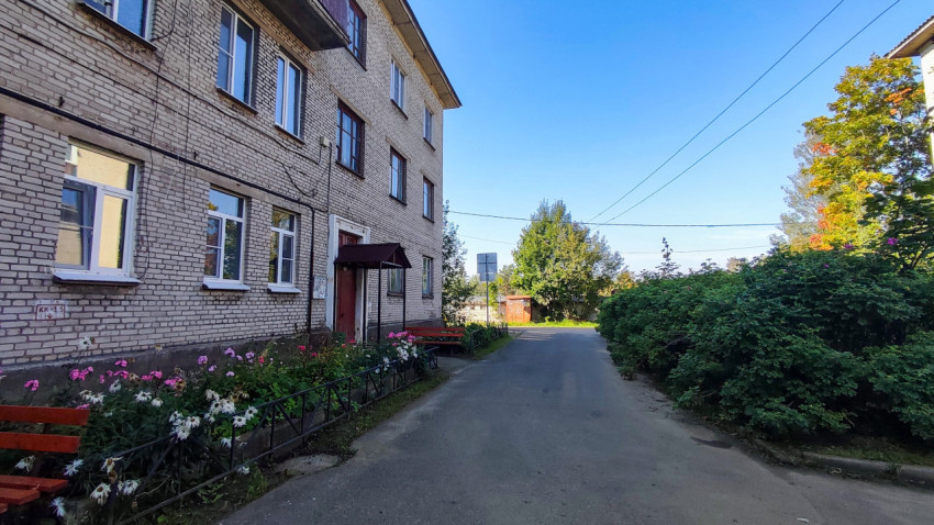 Жилой дом советского периода с клумбами и кустарниками вдоль фасада