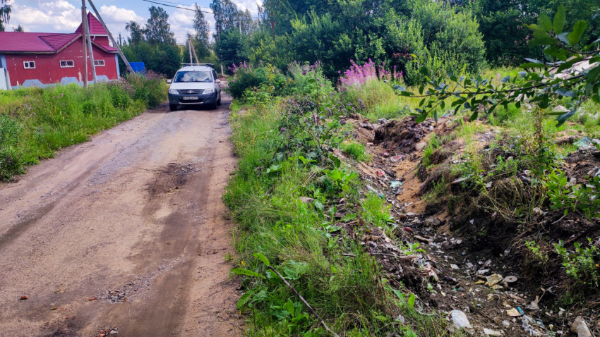 Засорённая канава вдоль деревенской дороги