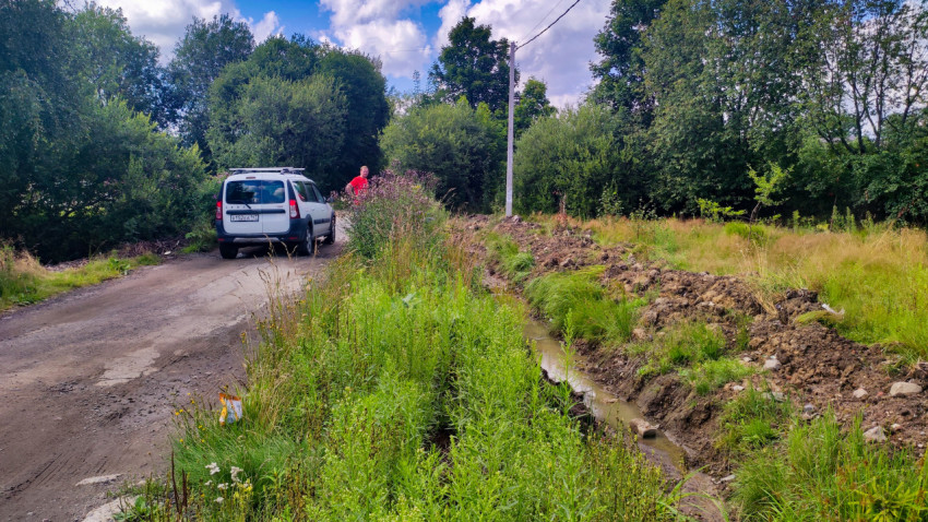 Придорожная канава с зелёными насаждениями и автомобилем