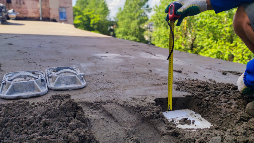 Рабочий измеряет толщину стяжки на крыше здания