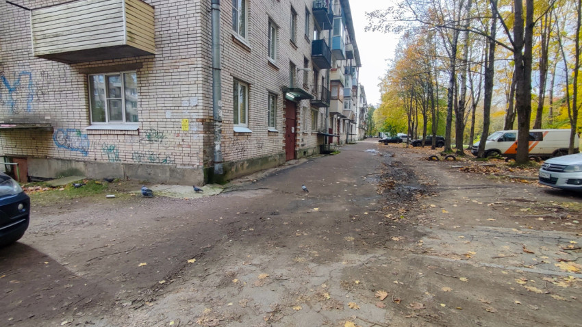 Осенний двор с жилым домом и припаркованными автомобилями