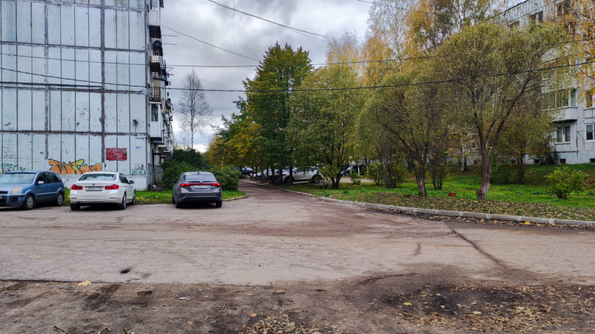 Парковка у панельного дома с деревьями и кустарниками