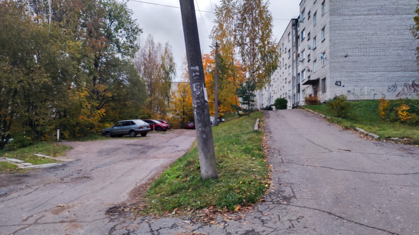 Дорога к жилому дому на улице с осенними деревьями