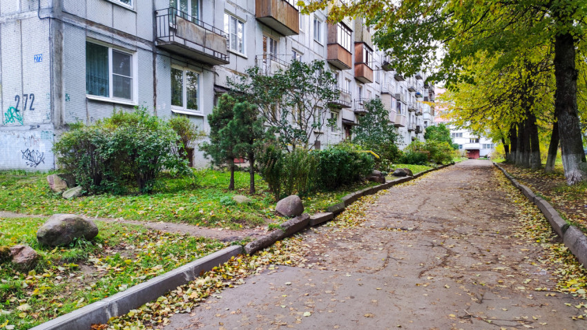 Панельный дом с зелёными насаждениями вдоль двора