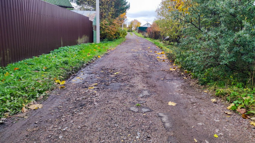 Сельская дорога вдоль заборов и растительности осенью