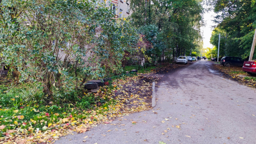 Асфальтированная дворовая дорога с припаркованными автомобилями