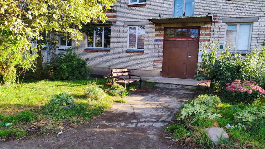 Подъезд жилого дома с лавочками и озеленением перед входом