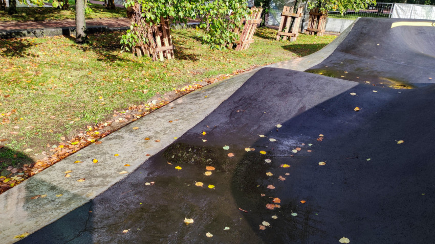 Краевой участок скейт-парка с осенними листьями на покрытии