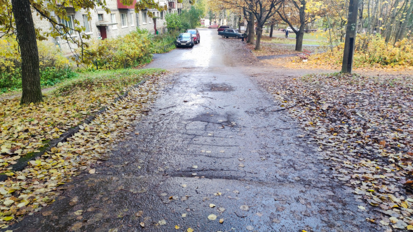 Участок асфальтового покрытия с трещинами на внутридворовой дороге