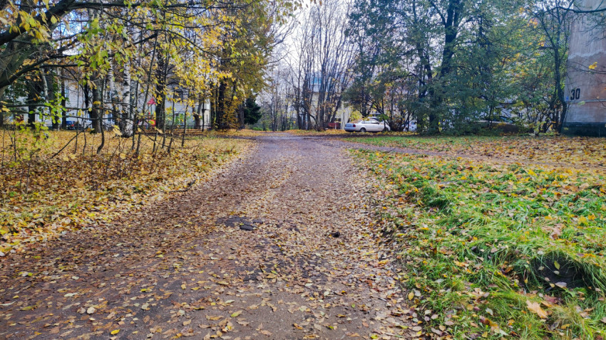 Грунтовый проезд между жилыми домами и деревьями