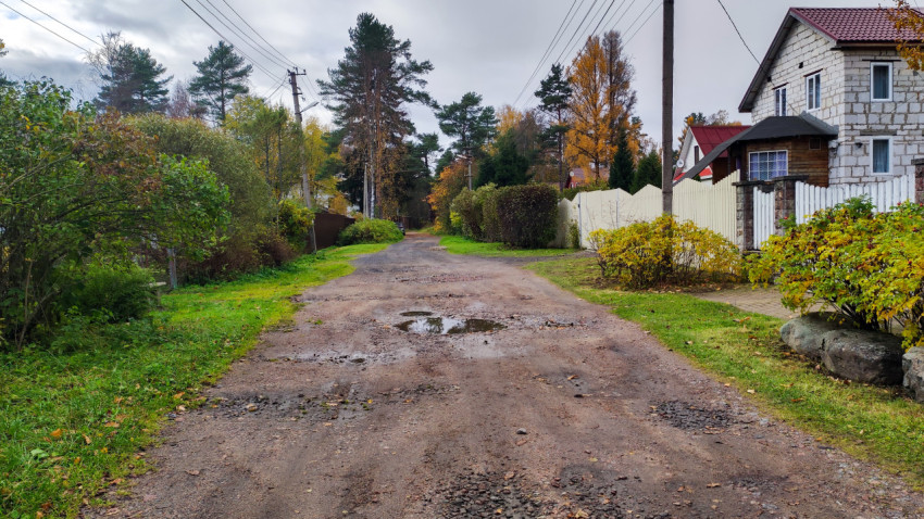 Просёлочная дорога с лужами у частных домов