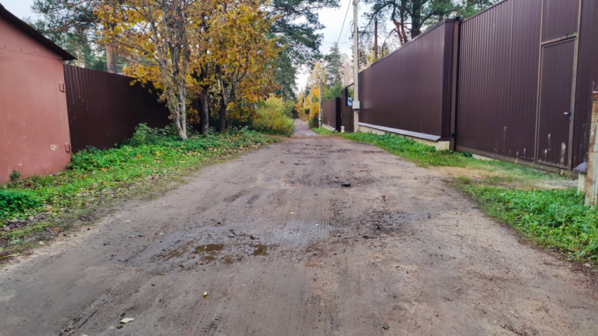 Проселочная дорога между частными участками с металлическими заборами