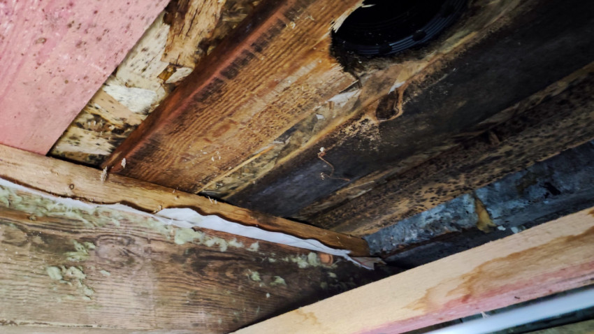 Деревянные балки перекрытия с повреждениями и отверстием под коммуникации