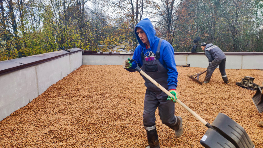 Рабочие выполняют распределение керамзитового гравия на кровле