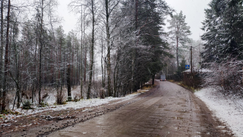 Лесная дорога с редким снегом и грузовиком на горизонте